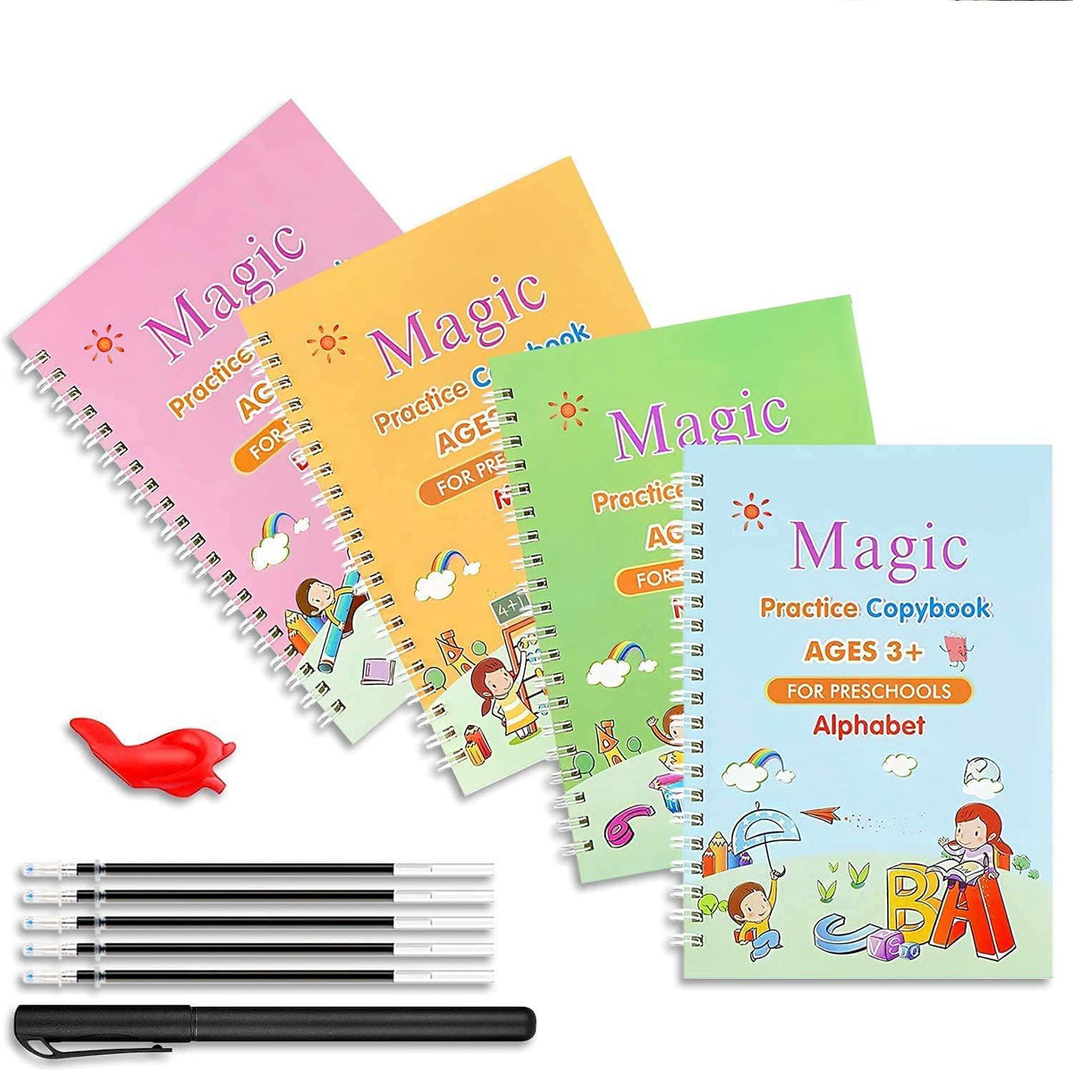 MiniBelly-Dev Sank Magic Practice Copybook 4 for Kids, reusable handwriting workbook, pack of 2 with colorful print pages.