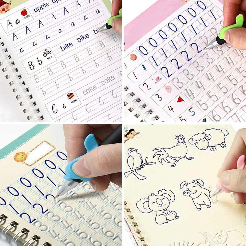 MiniBelly-Dev Sank Magic Practice Copybook 4 for Kids, reusable handwriting workbook with colorful pages, pack of 2 for early writing skills.