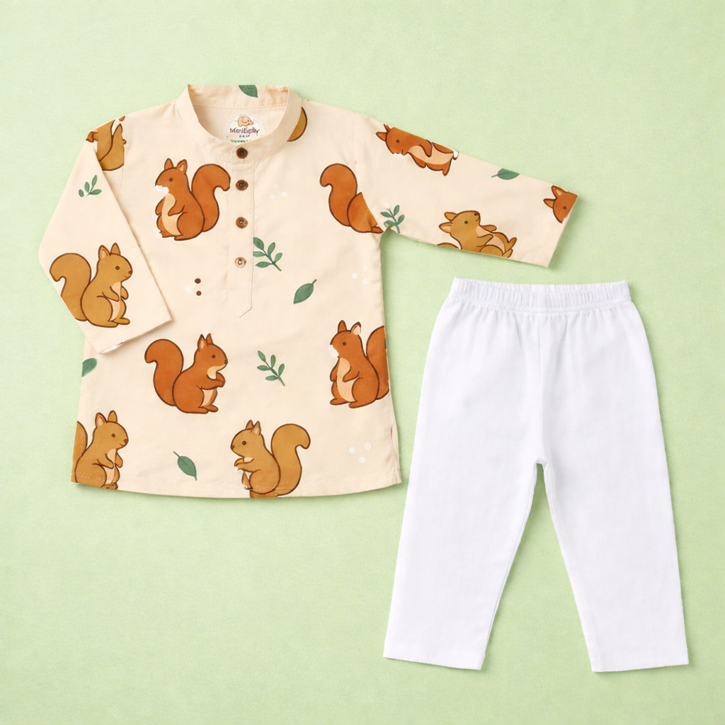 MiniBelly Kurta Pajama Set Cute cartoon squirrels with green leaves on beige background 100% Cotton - minibelly