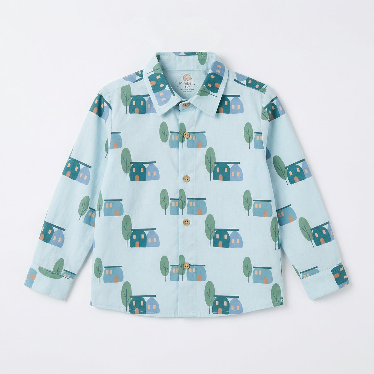 MiniBelly Full Shirt Cute scandi style houses and trees illustration pattern 100% Cotton - minibelly
