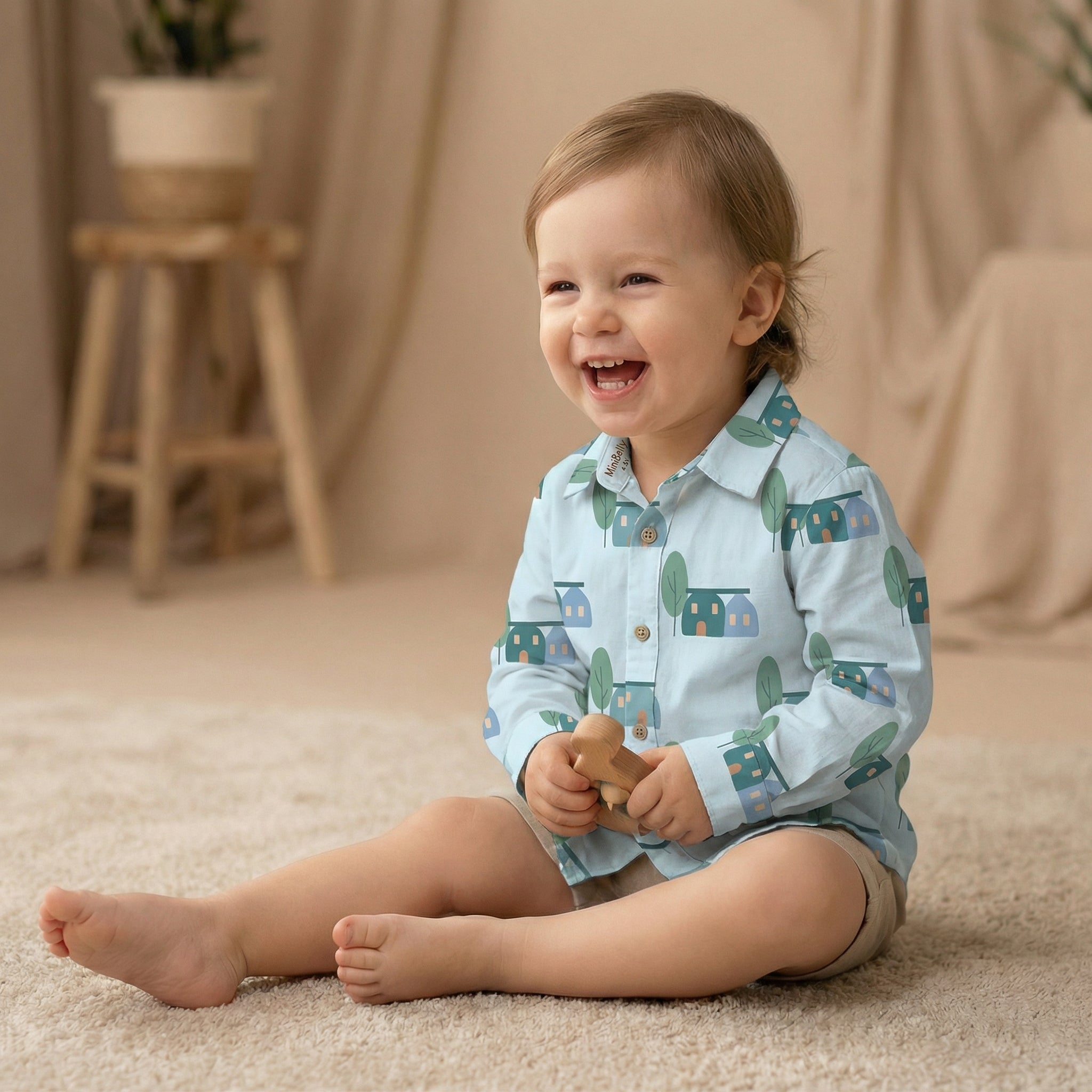 MiniBelly Full Shirt Cute scandi style houses and trees illustration pattern 100% Cotton - minibelly