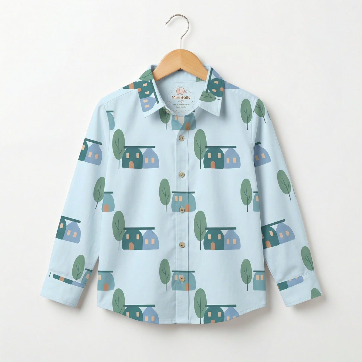 MiniBelly Full Shirt Cute scandi style houses and trees illustration pattern 100% Cotton - minibelly