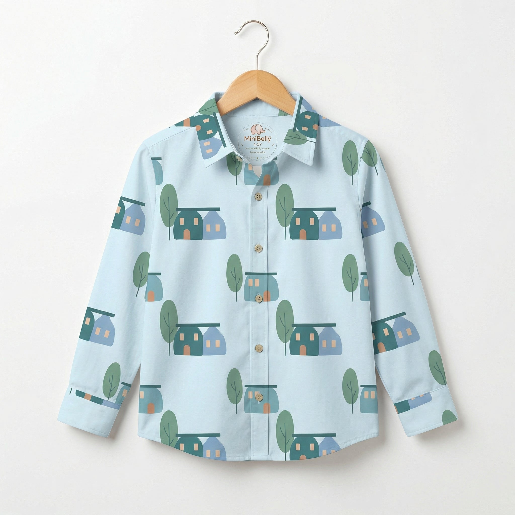 MiniBelly Full Shirt Cute scandi style houses and trees illustration pattern 100% Cotton - minibelly