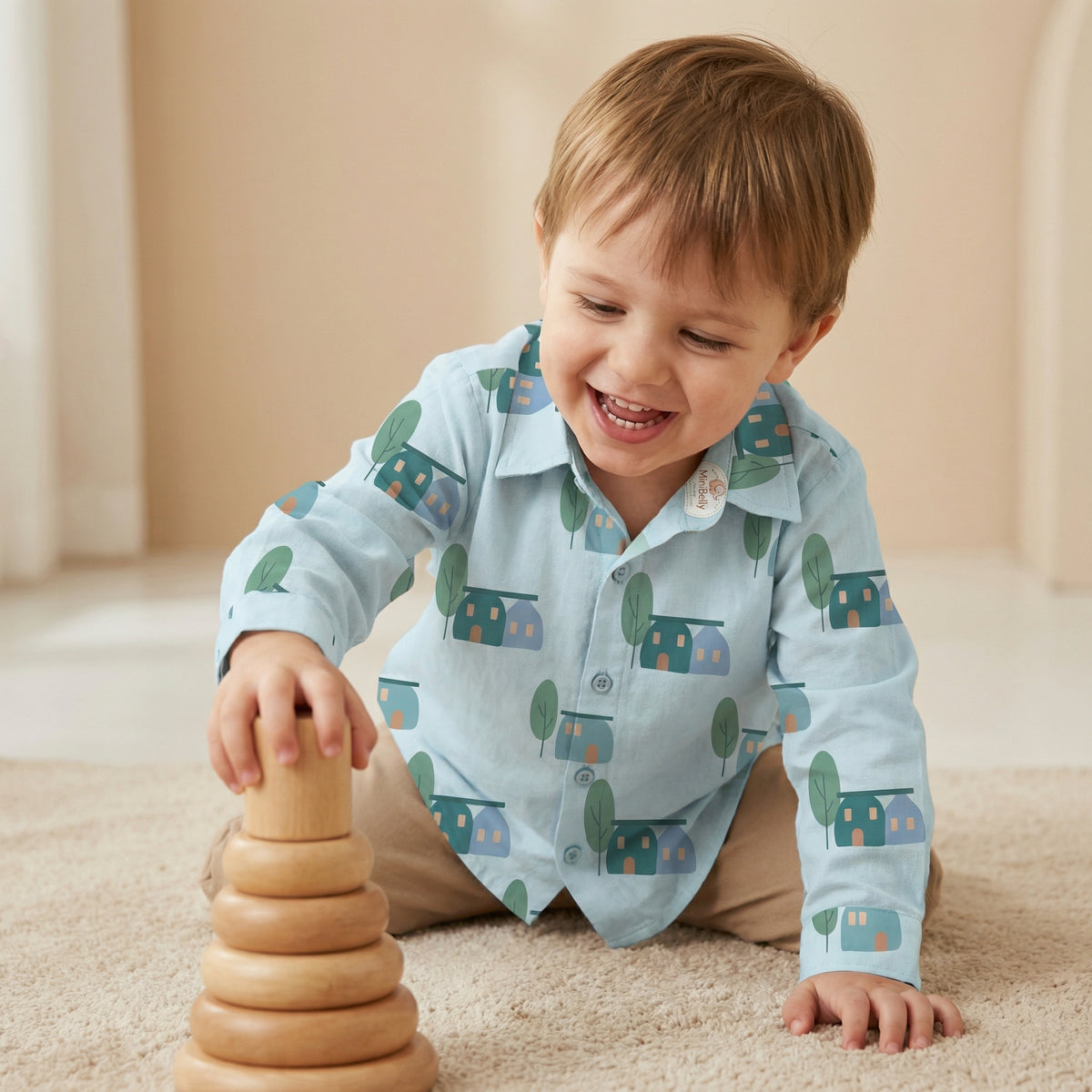 MiniBelly Full Shirt Cute scandi style houses and trees illustration pattern 100% Cotton - minibelly