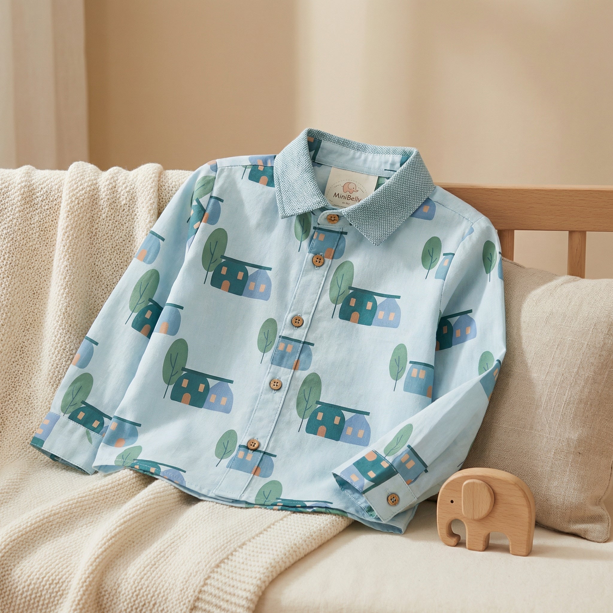 MiniBelly Full Shirt Cute scandi style houses and trees illustration pattern 100% Cotton - minibelly