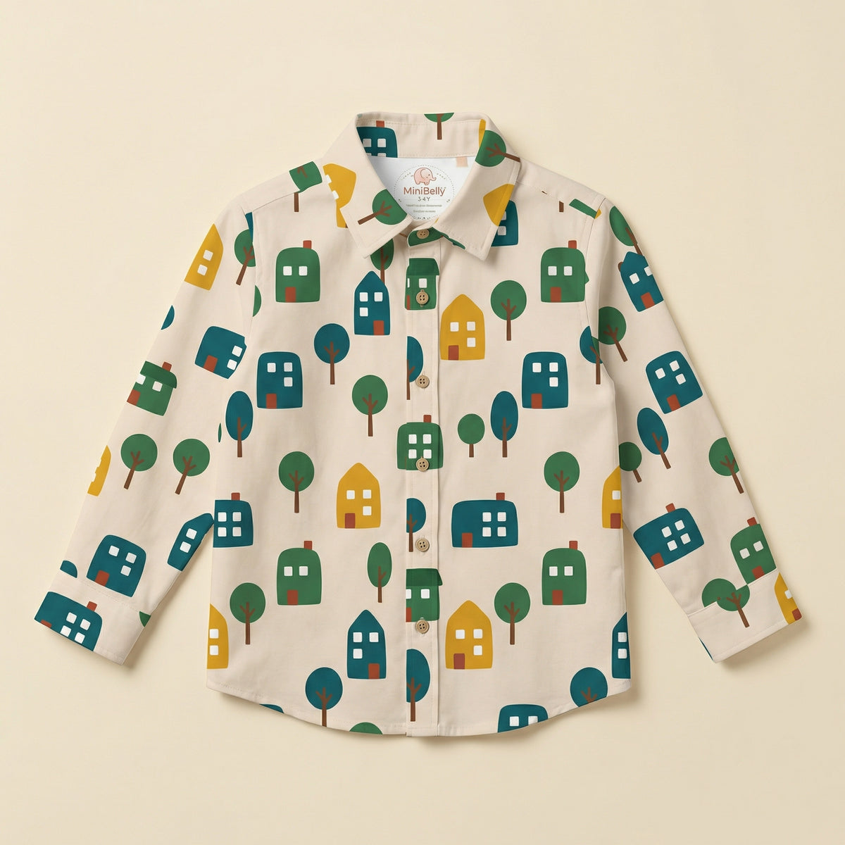 MiniBelly Full Shirt Minimalist Scandinavian village pattern with stylized houses and trees 100% Cotton - minibelly