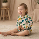 MiniBelly Full Shirt Minimalist Scandinavian village pattern with stylized houses and trees 100% Cotton - minibelly