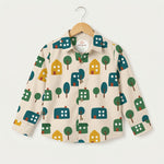 MiniBelly Full Shirt Minimalist Scandinavian village pattern with stylized houses and trees 100% Cotton - minibelly