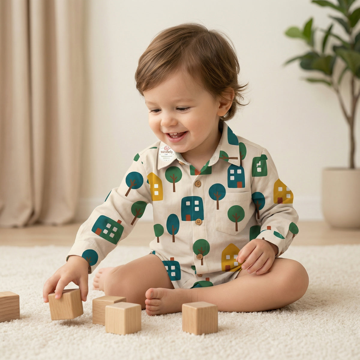 MiniBelly Full Shirt Minimalist Scandinavian village pattern with stylized houses and trees 100% Cotton - minibelly