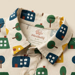 MiniBelly Full Shirt Minimalist Scandinavian village pattern with stylized houses and trees 100% Cotton - minibelly