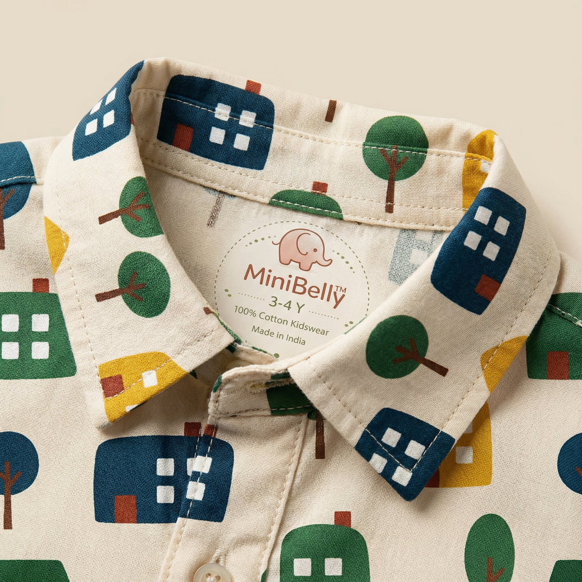 MiniBelly Full Shirt Minimalist Scandinavian village pattern with stylized houses and trees 100% Cotton - minibelly