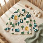MiniBelly Full Shirt Minimalist Scandinavian village pattern with stylized houses and trees 100% Cotton - minibelly