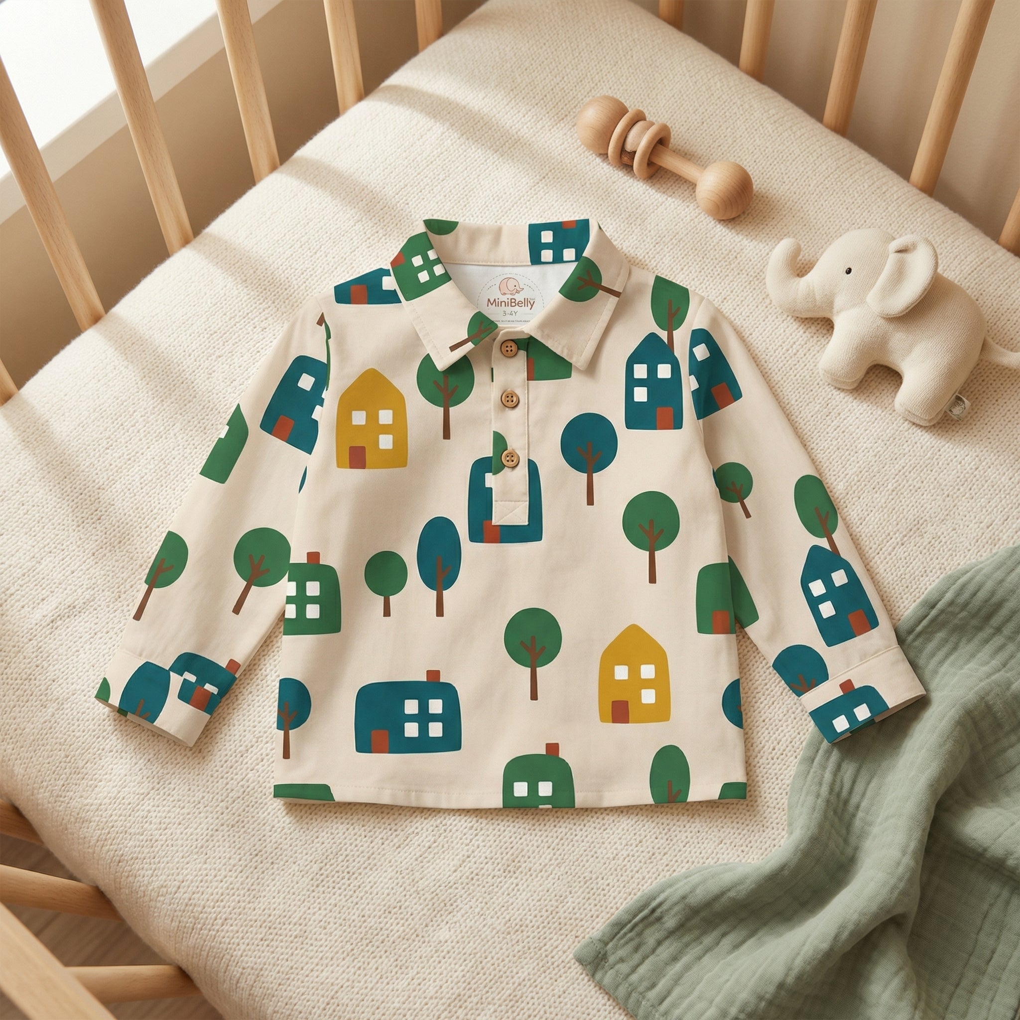 MiniBelly Full Shirt Minimalist Scandinavian village pattern with stylized houses and trees 100% Cotton - minibelly