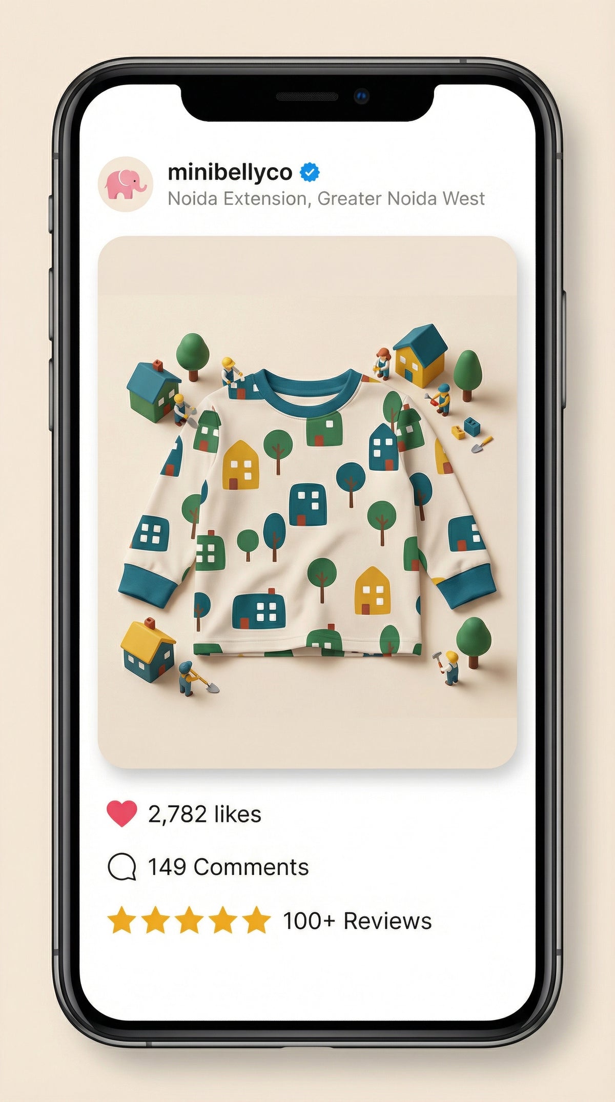 MiniBelly Full Shirt Minimalist Scandinavian village pattern with stylized houses and trees 100% Cotton - minibelly