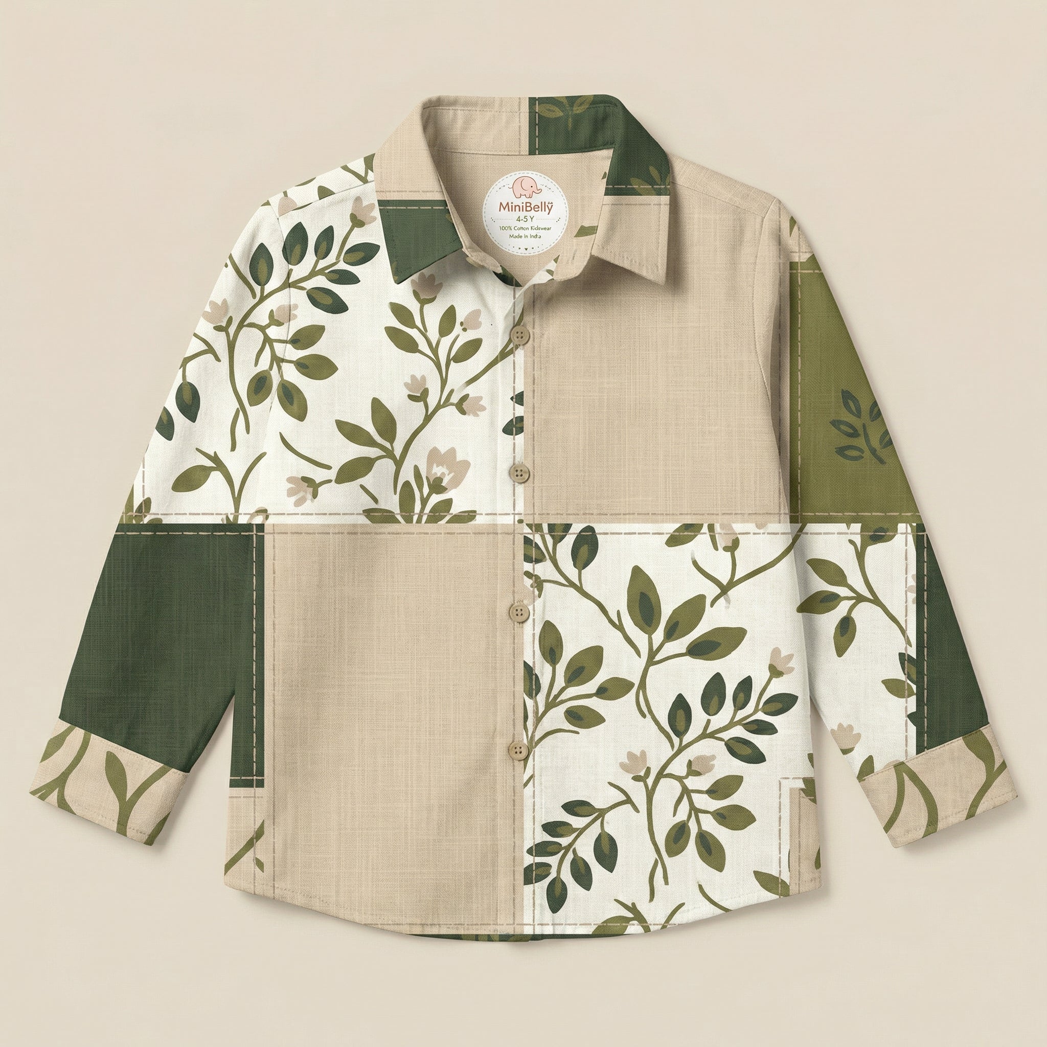 MiniBelly Full Shirt Green and beige botanical floral patchwork design with linen texture 100% Cotton - minibelly