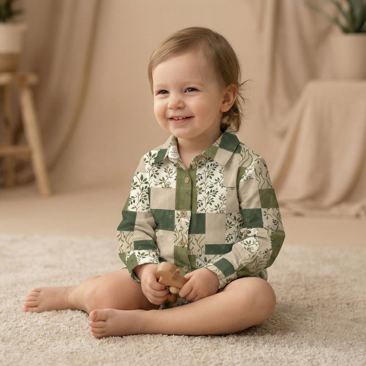 MiniBelly Full Shirt Green and beige botanical floral patchwork design with linen texture 100% Cotton - minibelly