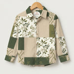 MiniBelly Full Shirt Green and beige botanical floral patchwork design with linen texture 100% Cotton - minibelly