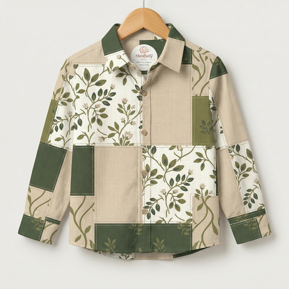 MiniBelly Full Shirt Green and beige botanical floral patchwork design with linen texture 100% Cotton - minibelly