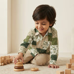 MiniBelly Full Shirt Green and beige botanical floral patchwork design with linen texture 100% Cotton - minibelly