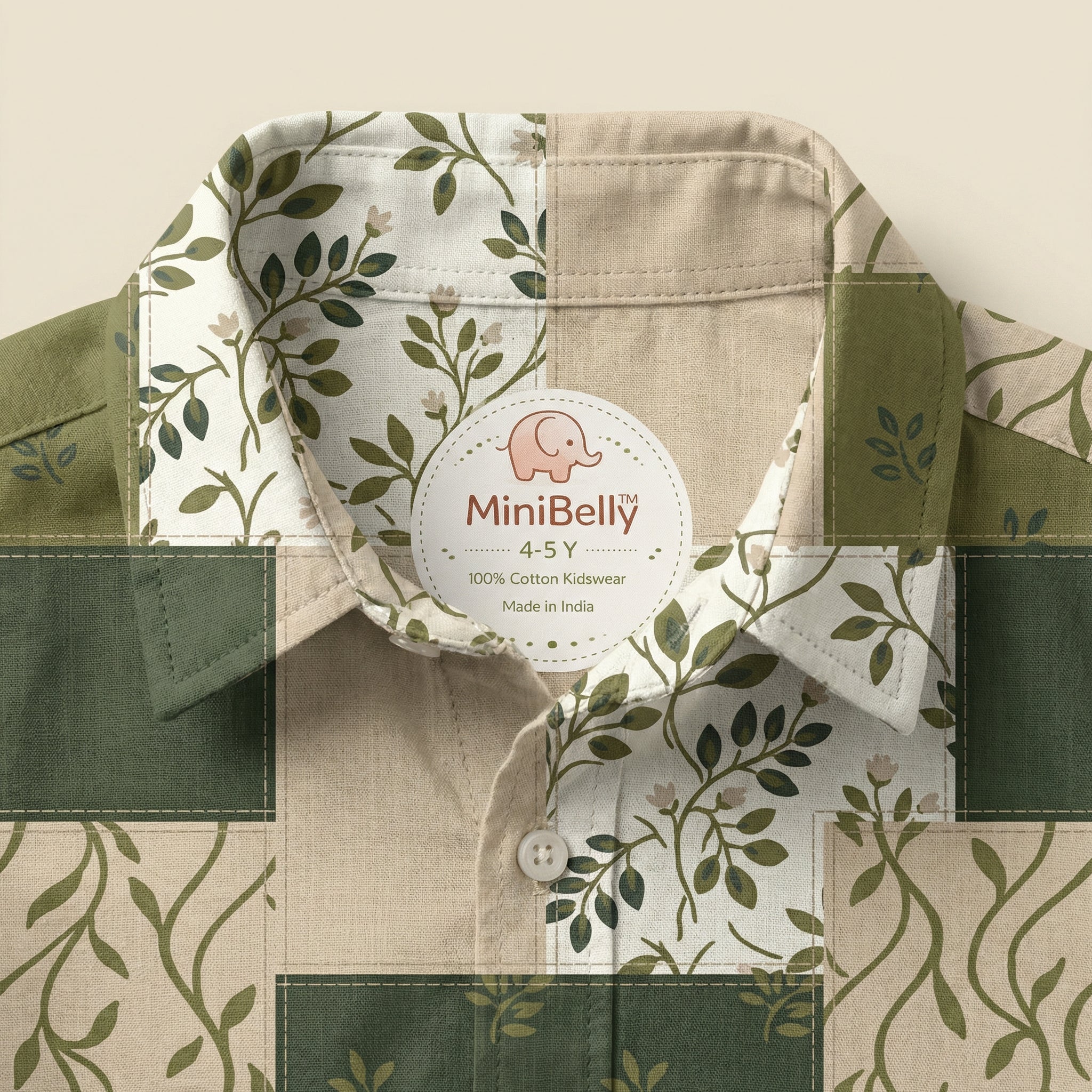 MiniBelly Full Shirt Green and beige botanical floral patchwork design with linen texture 100% Cotton - minibelly