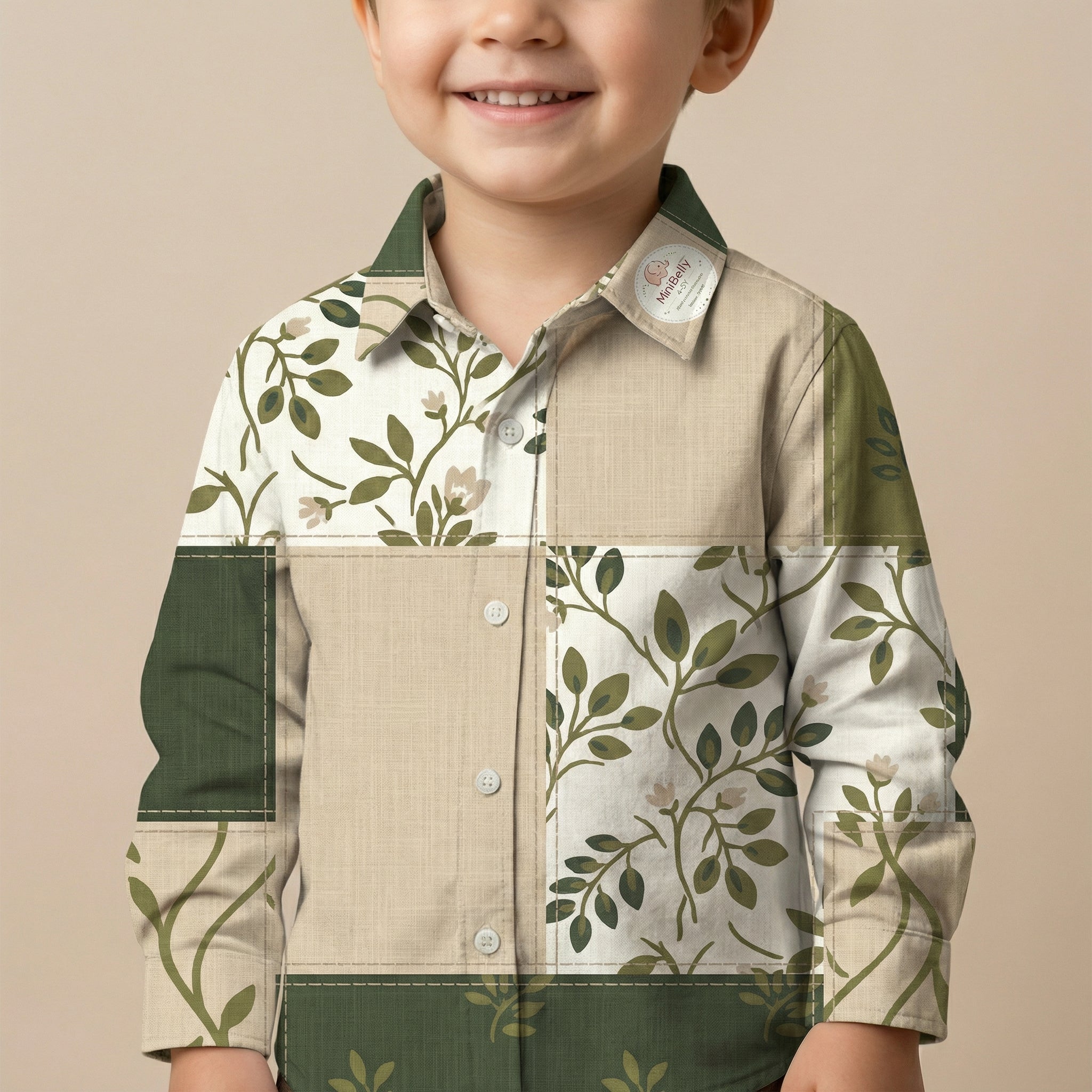 MiniBelly Full Shirt Green and beige botanical floral patchwork design with linen texture 100% Cotton - minibelly