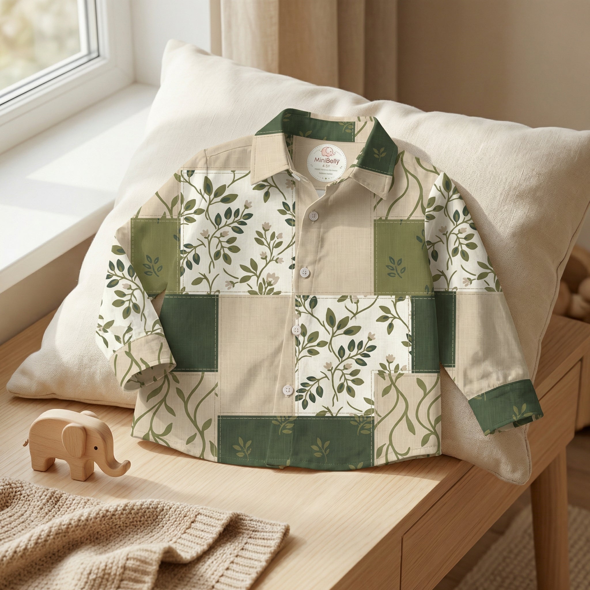 MiniBelly Full Shirt Green and beige botanical floral patchwork design with linen texture 100% Cotton - minibelly