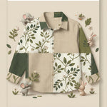 MiniBelly Full Shirt Green and beige botanical floral patchwork design with linen texture 100% Cotton - minibelly
