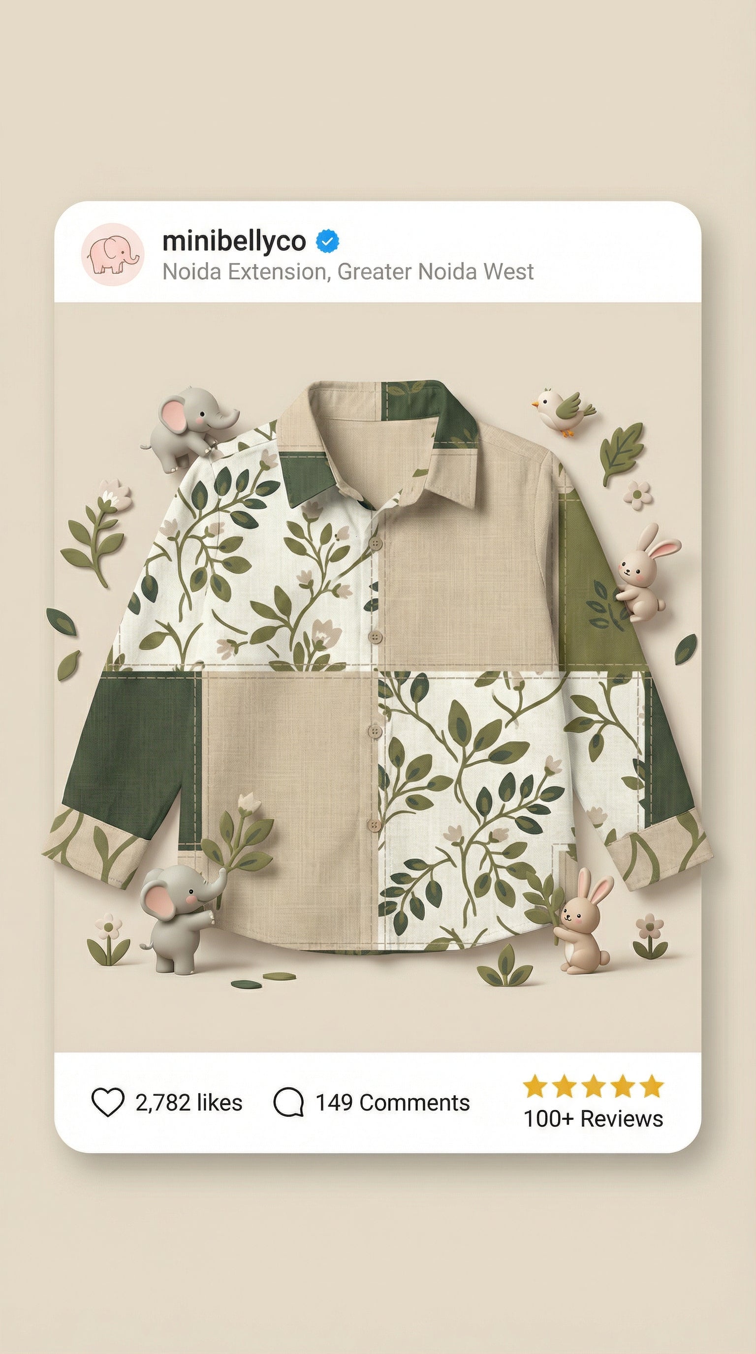 MiniBelly Full Shirt Green and beige botanical floral patchwork design with linen texture 100% Cotton - minibelly