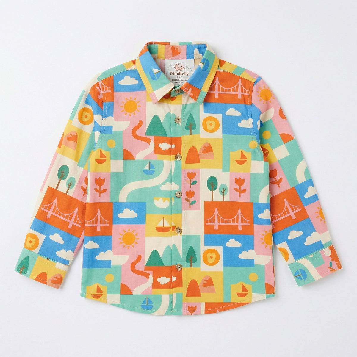 MiniBelly Full Shirt Geometric patchwork landscape with bridges, boats, and nature motifs 100% Cotton - minibelly