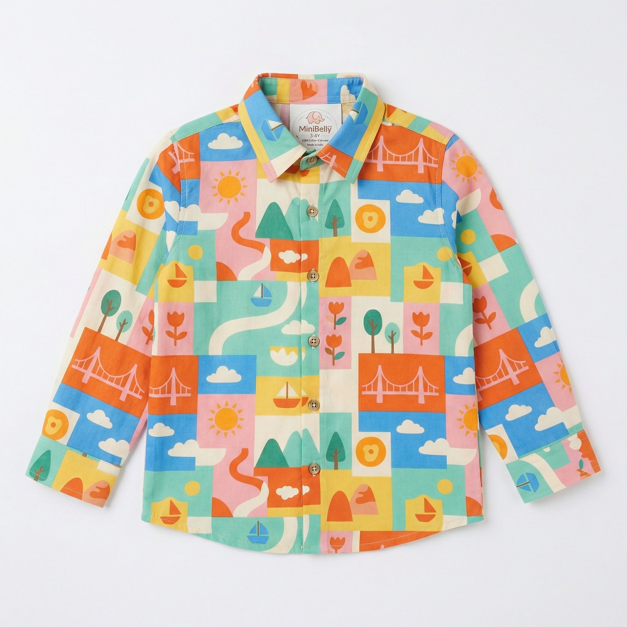 MiniBelly Full Shirt Geometric patchwork landscape with bridges, boats, and nature motifs 100% Cotton - minibelly