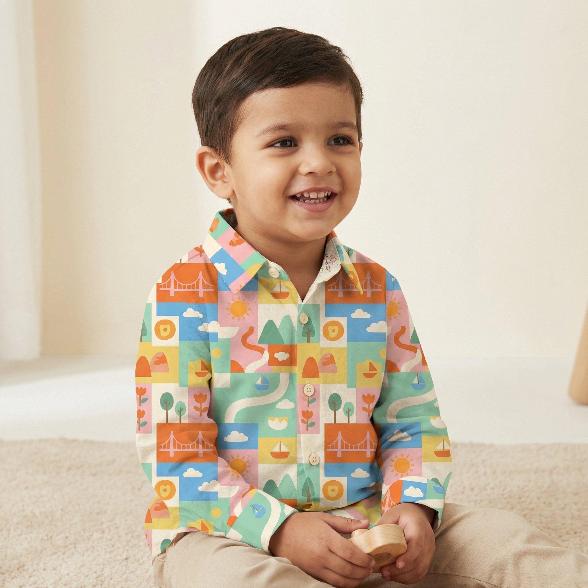 MiniBelly Full Shirt Geometric patchwork landscape with bridges, boats, and nature motifs 100% Cotton - minibelly