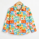 MiniBelly Full Shirt Geometric patchwork landscape with bridges, boats, and nature motifs 100% Cotton - minibelly