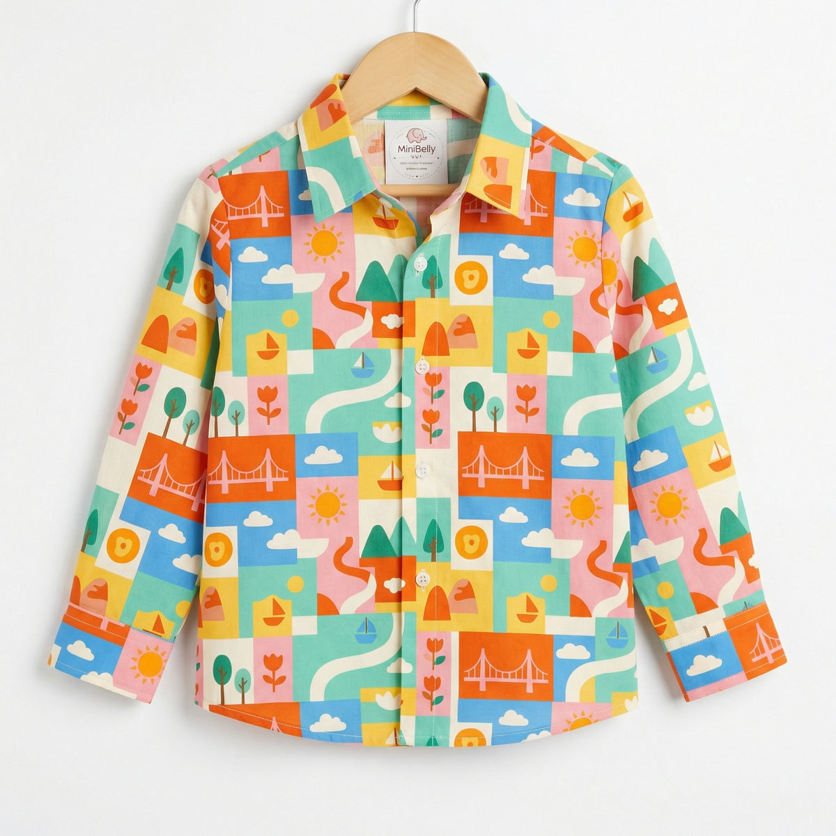 MiniBelly Full Shirt Geometric patchwork landscape with bridges, boats, and nature motifs 100% Cotton - minibelly