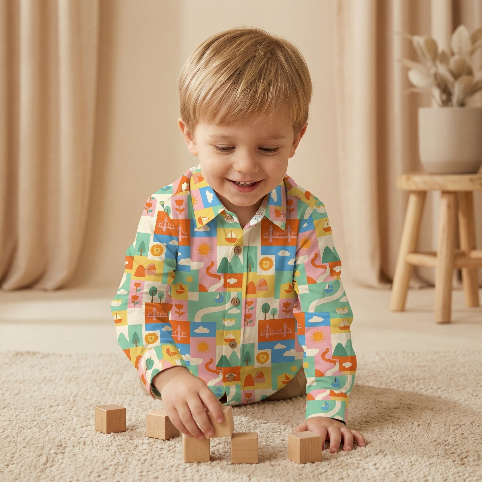 MiniBelly Full Shirt Geometric patchwork landscape with bridges, boats, and nature motifs 100% Cotton - minibelly