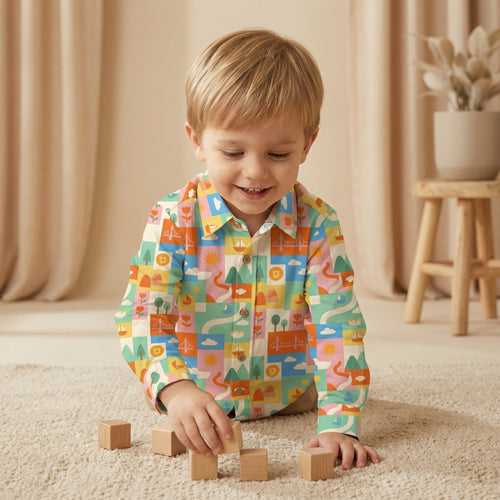 MiniBelly Full Shirt Geometric patchwork landscape with bridges, boats, and nature motifs 100% Cotton - minibelly