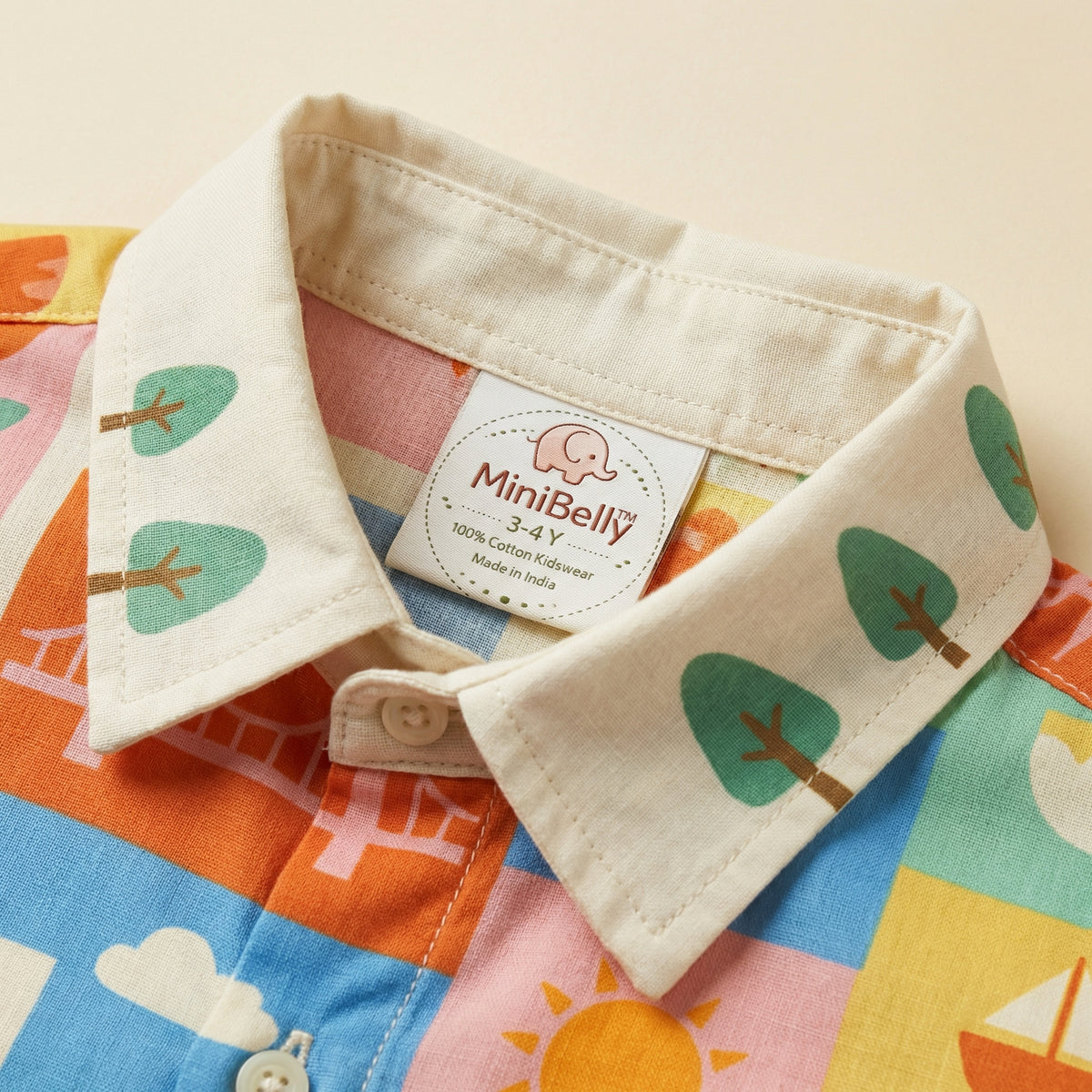 MiniBelly Full Shirt Geometric patchwork landscape with bridges, boats, and nature motifs 100% Cotton - minibelly