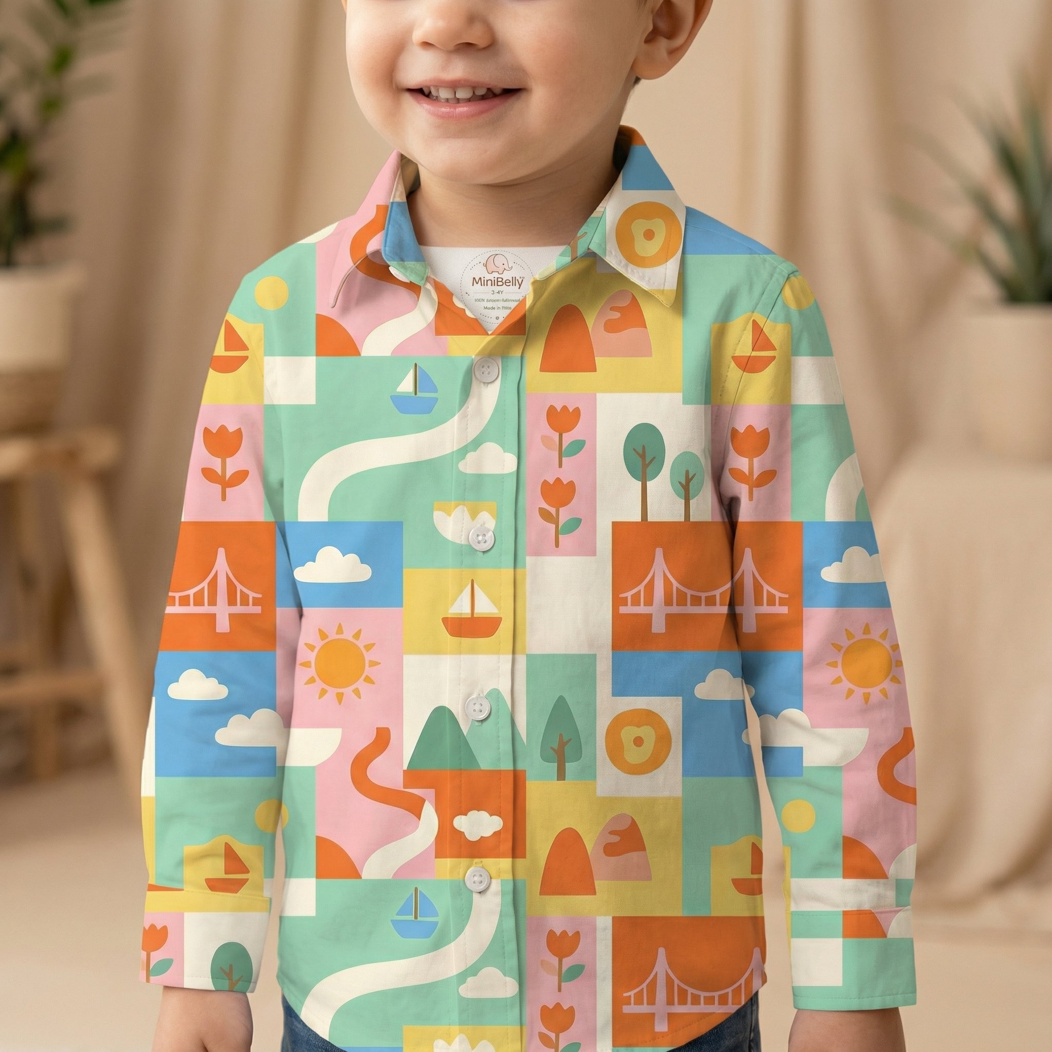 MiniBelly Full Shirt Geometric patchwork landscape with bridges, boats, and nature motifs 100% Cotton - minibelly