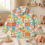 MiniBelly Full Shirt Geometric patchwork landscape with bridges, boats, and nature motifs 100% Cotton - minibelly