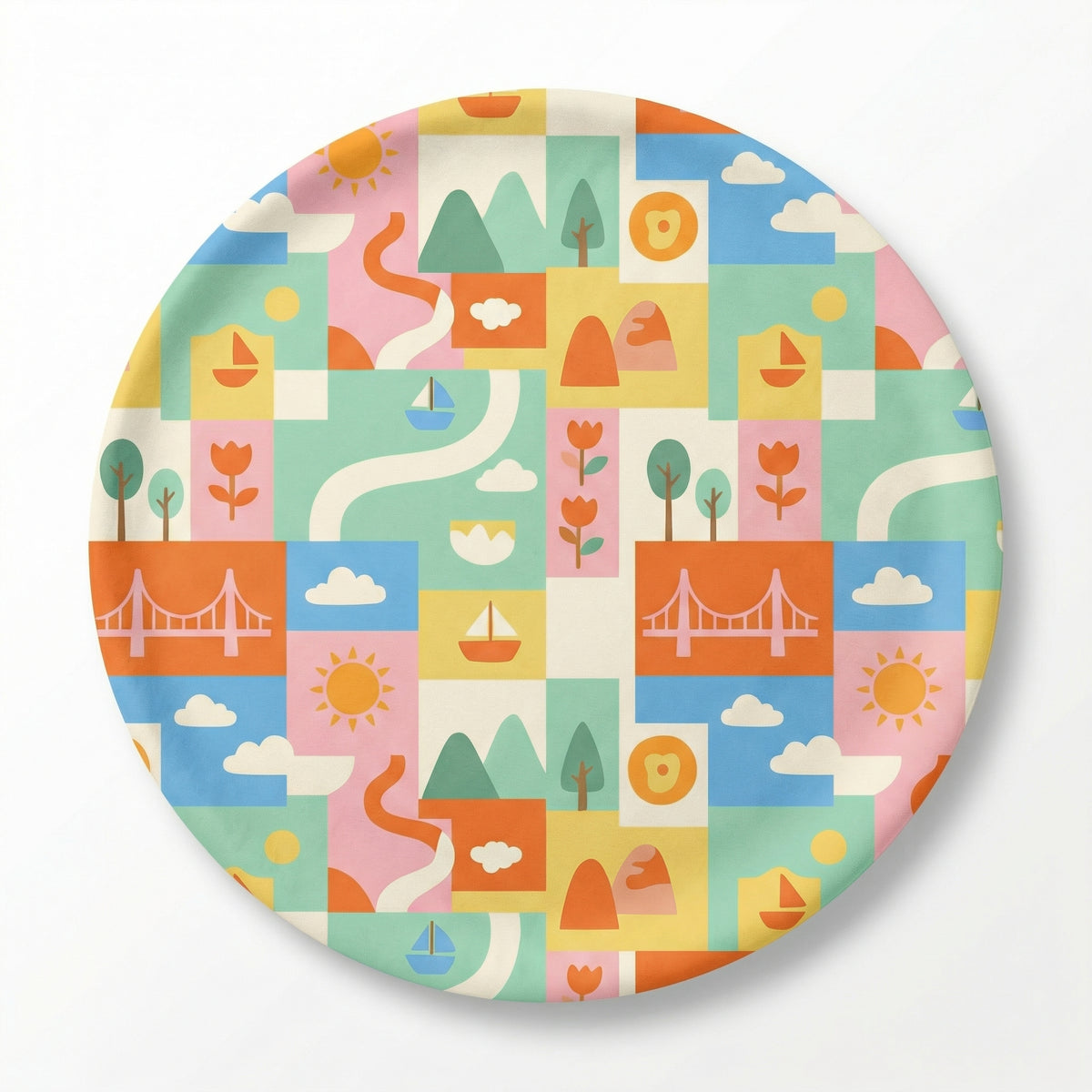 MiniBelly Full Shirt Geometric patchwork landscape with bridges, boats, and nature motifs 100% Cotton - minibelly