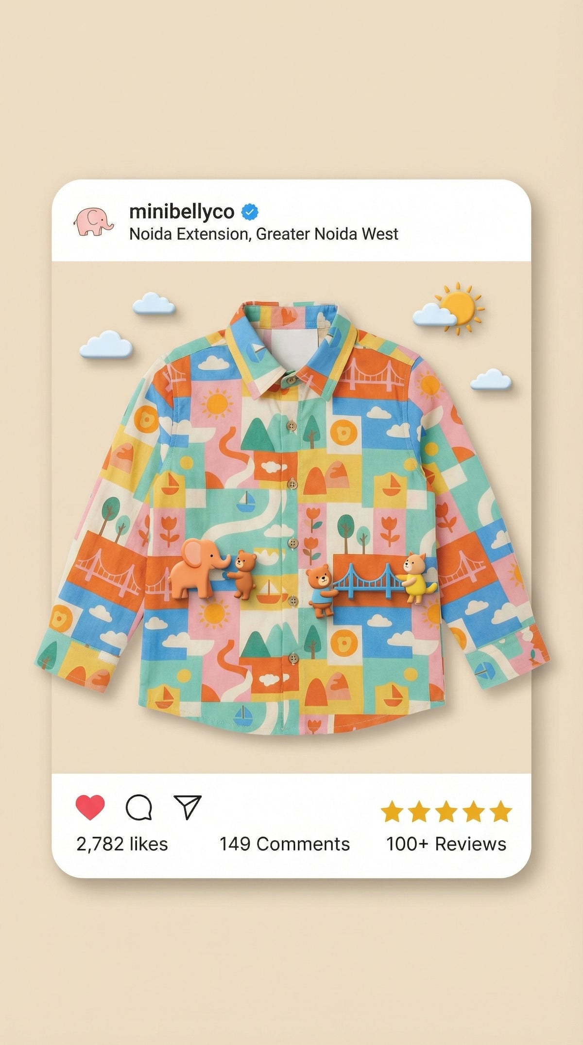 MiniBelly Full Shirt Geometric patchwork landscape with bridges, boats, and nature motifs 100% Cotton - minibelly