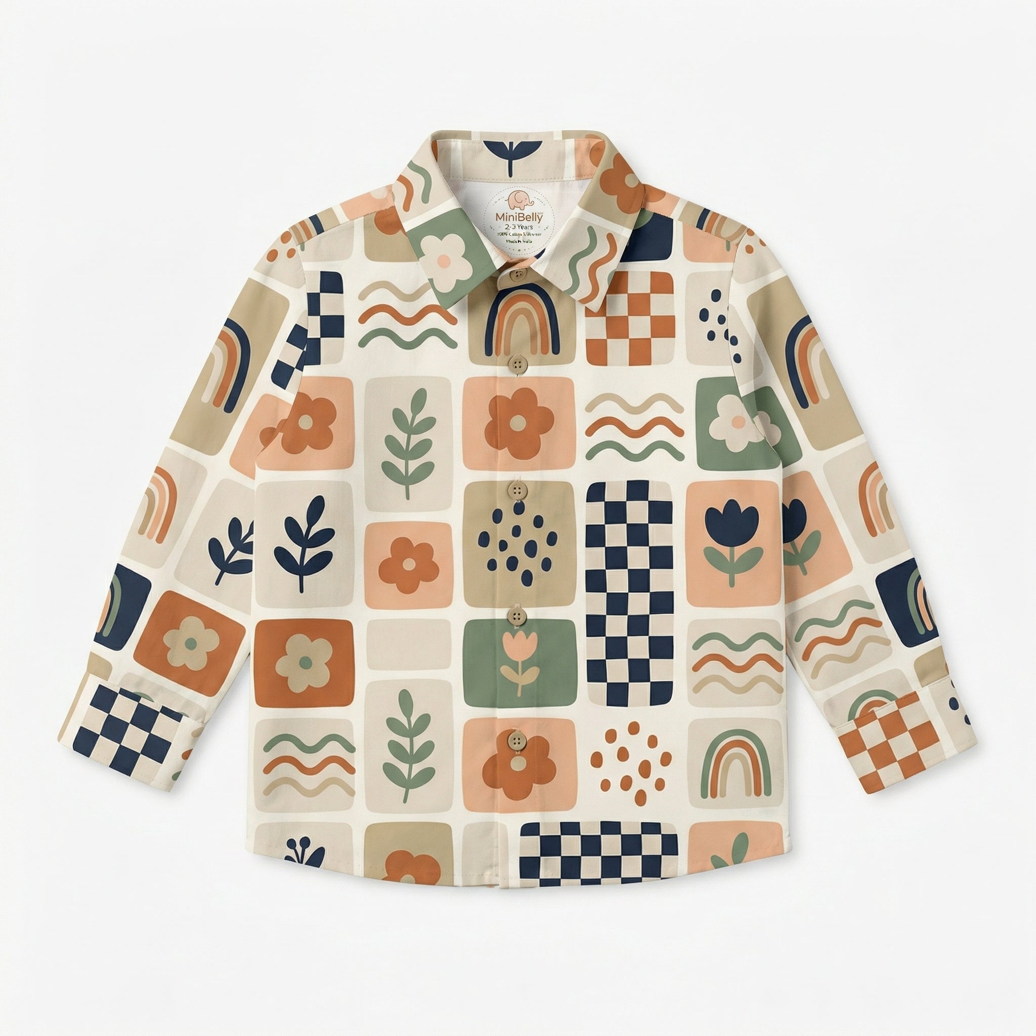 MiniBelly Full Shirt Abstract boho patchwork with rainbows, flowers, and checkerboard tiles 100% Cotton - minibelly
