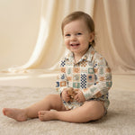 MiniBelly Full Shirt Abstract boho patchwork with rainbows, flowers, and checkerboard tiles 100% Cotton - minibelly