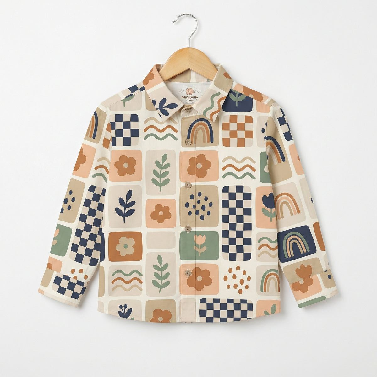MiniBelly Full Shirt Abstract boho patchwork with rainbows, flowers, and checkerboard tiles 100% Cotton - minibelly