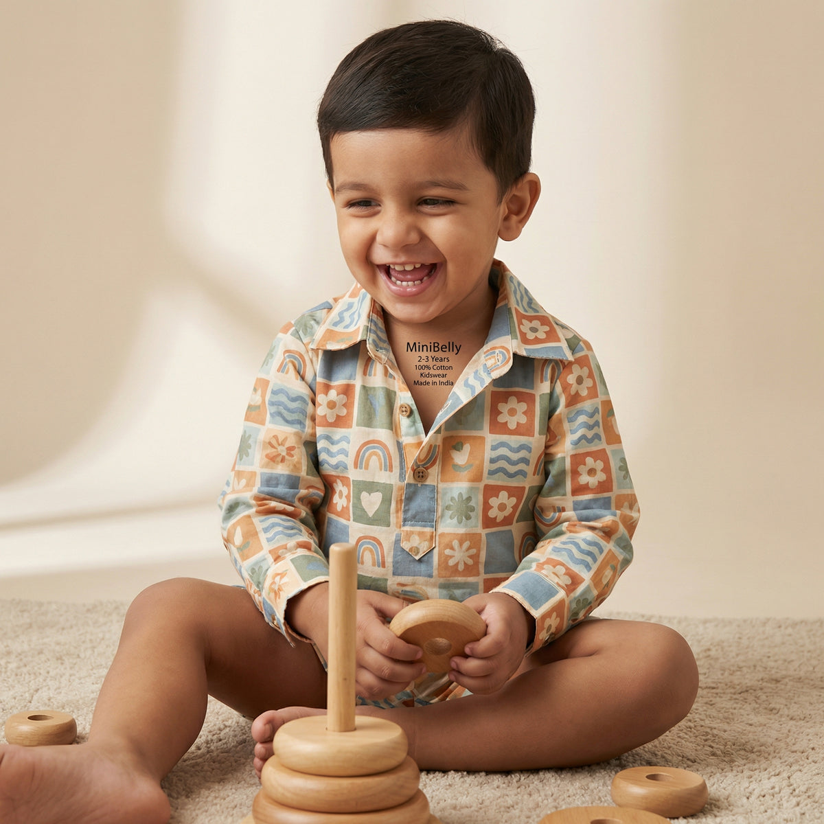 MiniBelly Full Shirt Abstract boho patchwork with rainbows, flowers, and checkerboard tiles 100% Cotton - minibelly