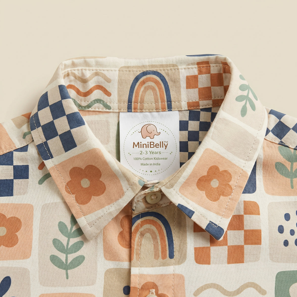 MiniBelly Full Shirt Abstract boho patchwork with rainbows, flowers, and checkerboard tiles 100% Cotton - minibelly