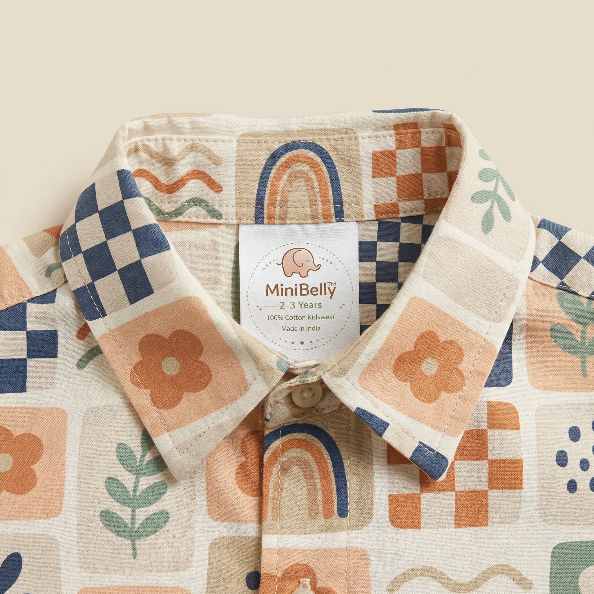 MiniBelly Full Shirt Abstract boho patchwork with rainbows, flowers, and checkerboard tiles 100% Cotton - minibelly