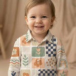 MiniBelly Full Shirt Abstract boho patchwork with rainbows, flowers, and checkerboard tiles 100% Cotton - minibelly