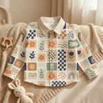 MiniBelly Full Shirt Abstract boho patchwork with rainbows, flowers, and checkerboard tiles 100% Cotton - minibelly