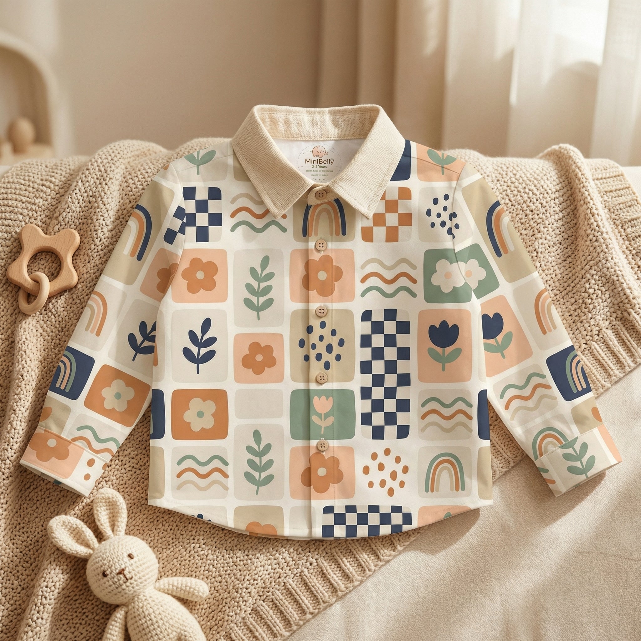 MiniBelly Full Shirt Abstract boho patchwork with rainbows, flowers, and checkerboard tiles 100% Cotton - minibelly