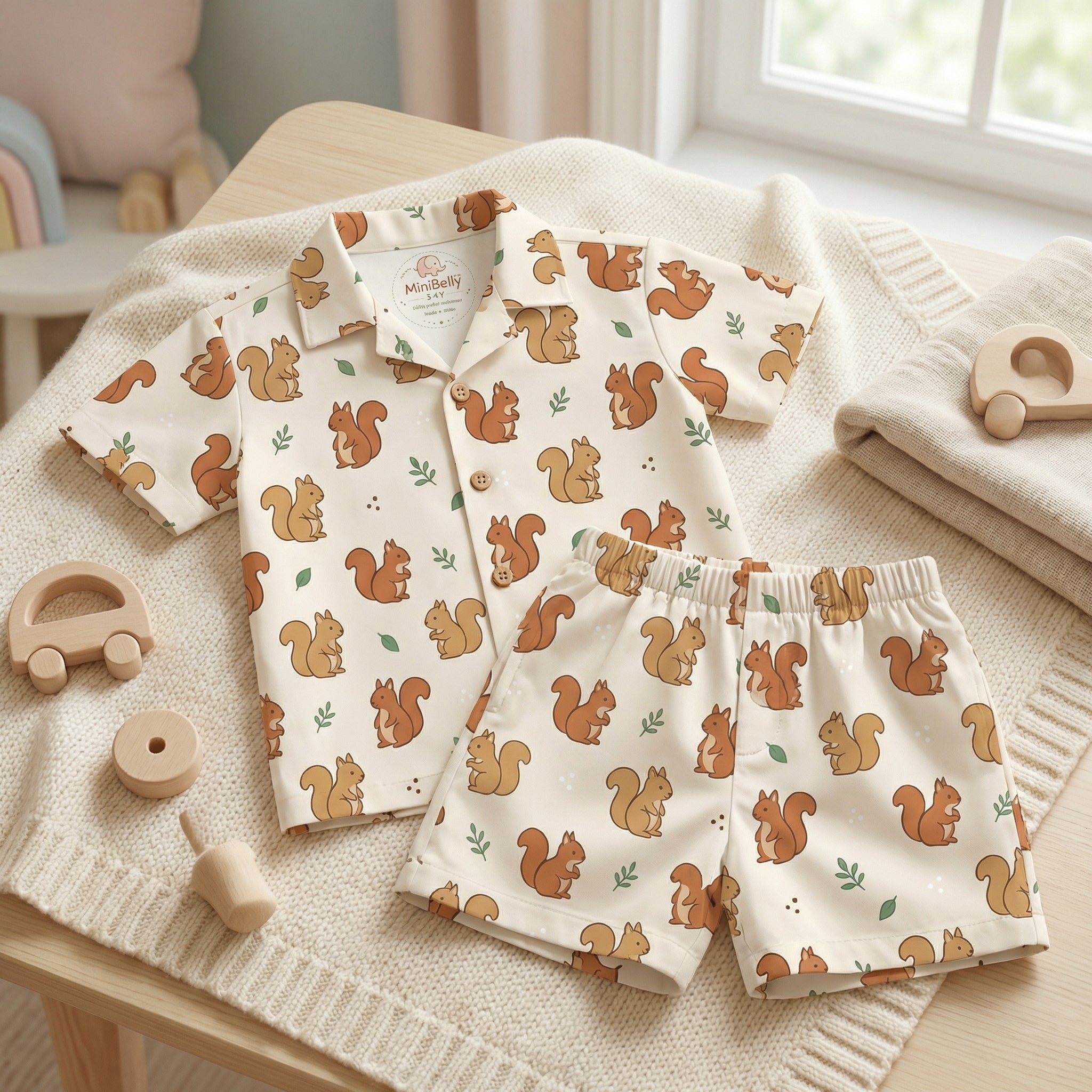 MiniBelly Half Shirt Pant Co-ord Set Cute cartoon squirrels and foliage seamless pattern 100% Cotton - minibelly